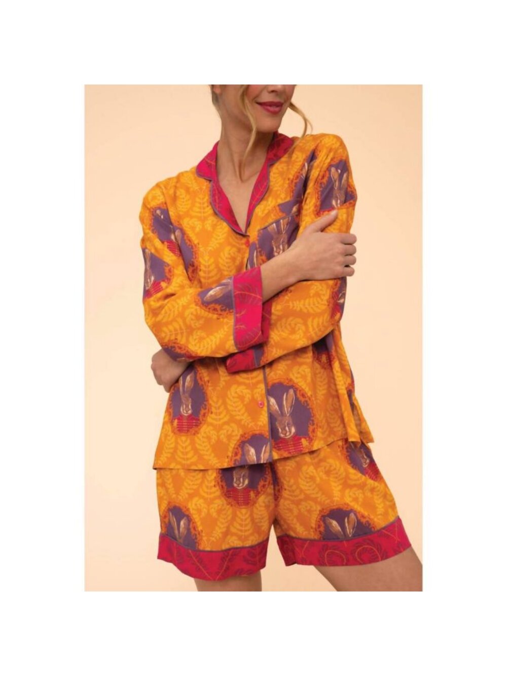 Powder Luxury Pajamas, Long Sleeved top, shorts, storage bag, size L
